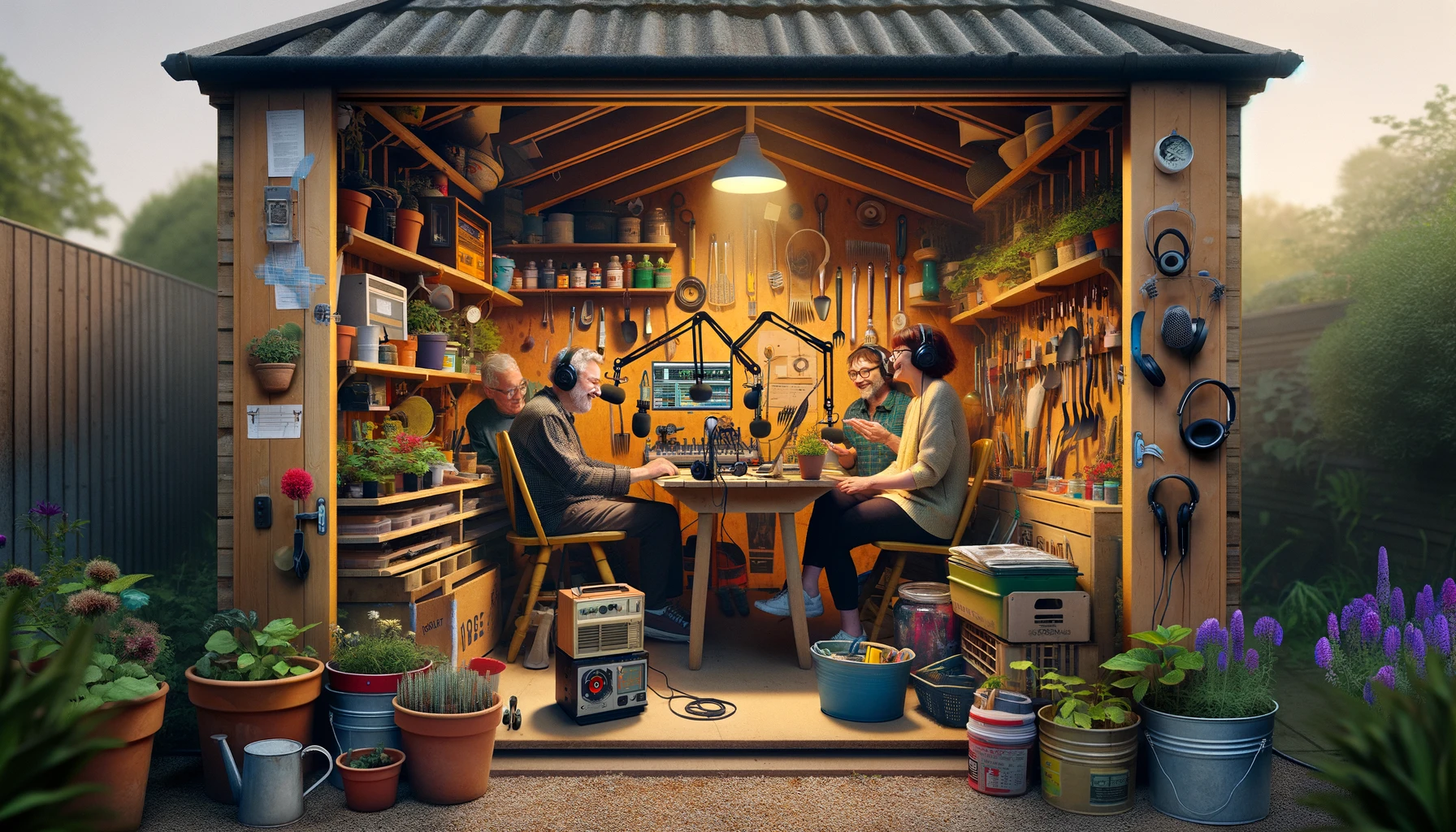 DALL·E 2024 03 11 21.17.43 Transform the cluttered shed into a vibrant, multifunctional space that seamlessly combines a potting shed with a community radio studio. Inside, amid
