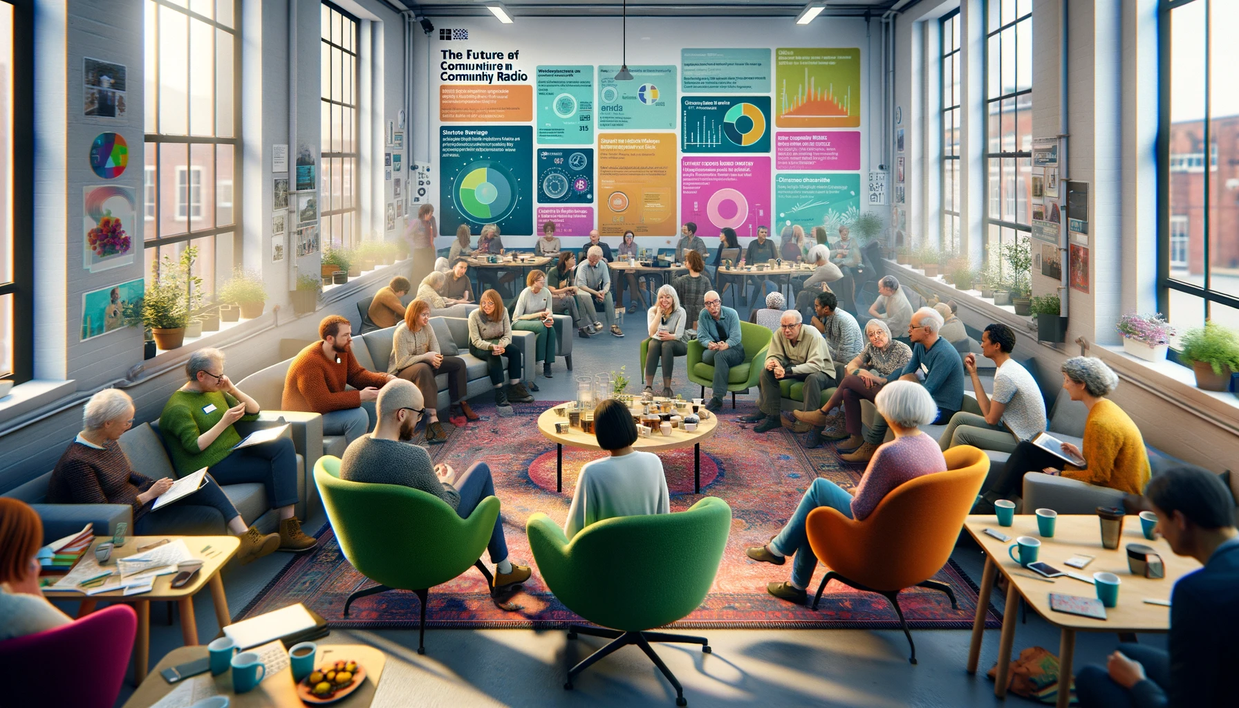 DALL·E 2024 03 25 00.02.58 Envision a casual and relaxed atmosphere in a spacious room where a diverse group of people are gathered for a workshop on the future of community rad