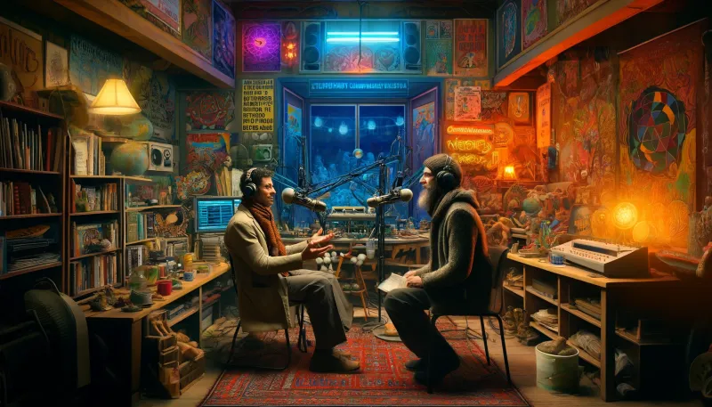 DALL·E 2024 03 29 10.47.49 Visualize a non conformist thinker and speaker set in a cozy yet vibrant community radio studio