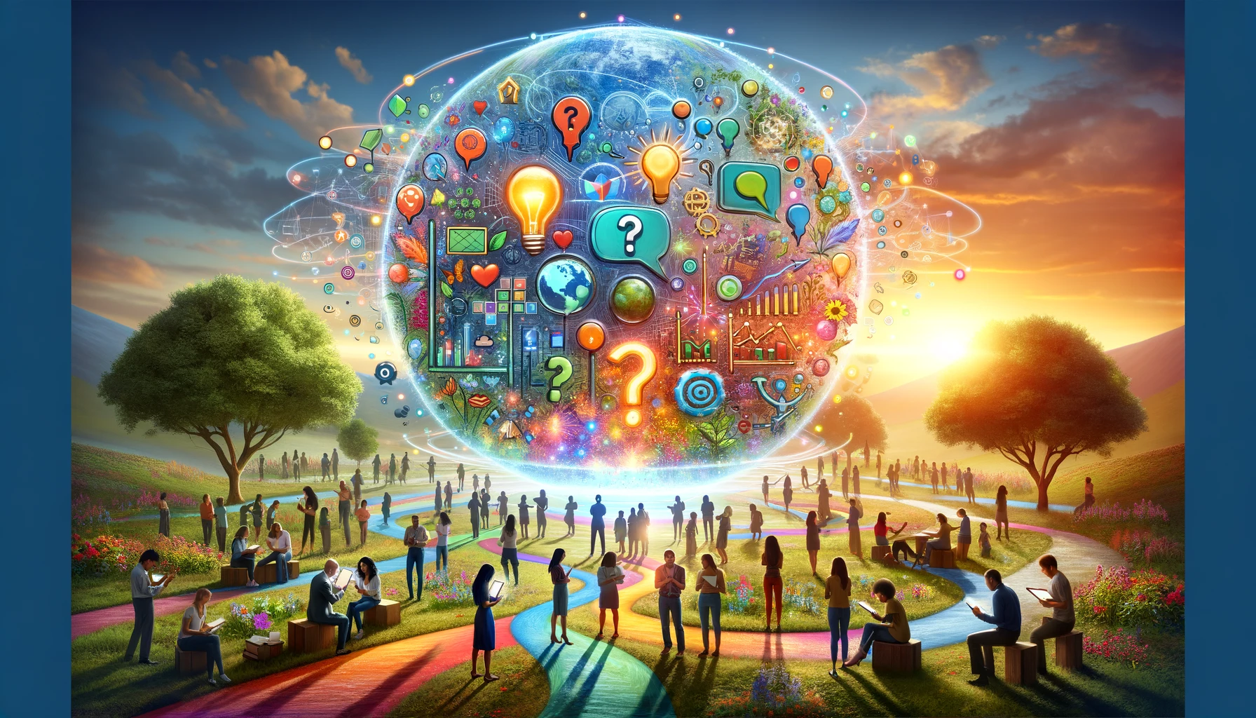 DALL·E 2024 04 09 08.53.38 Envision a vibrant and colorful landscape that creatively illustrates the concept of evaluating a community media project using qualitative data colle