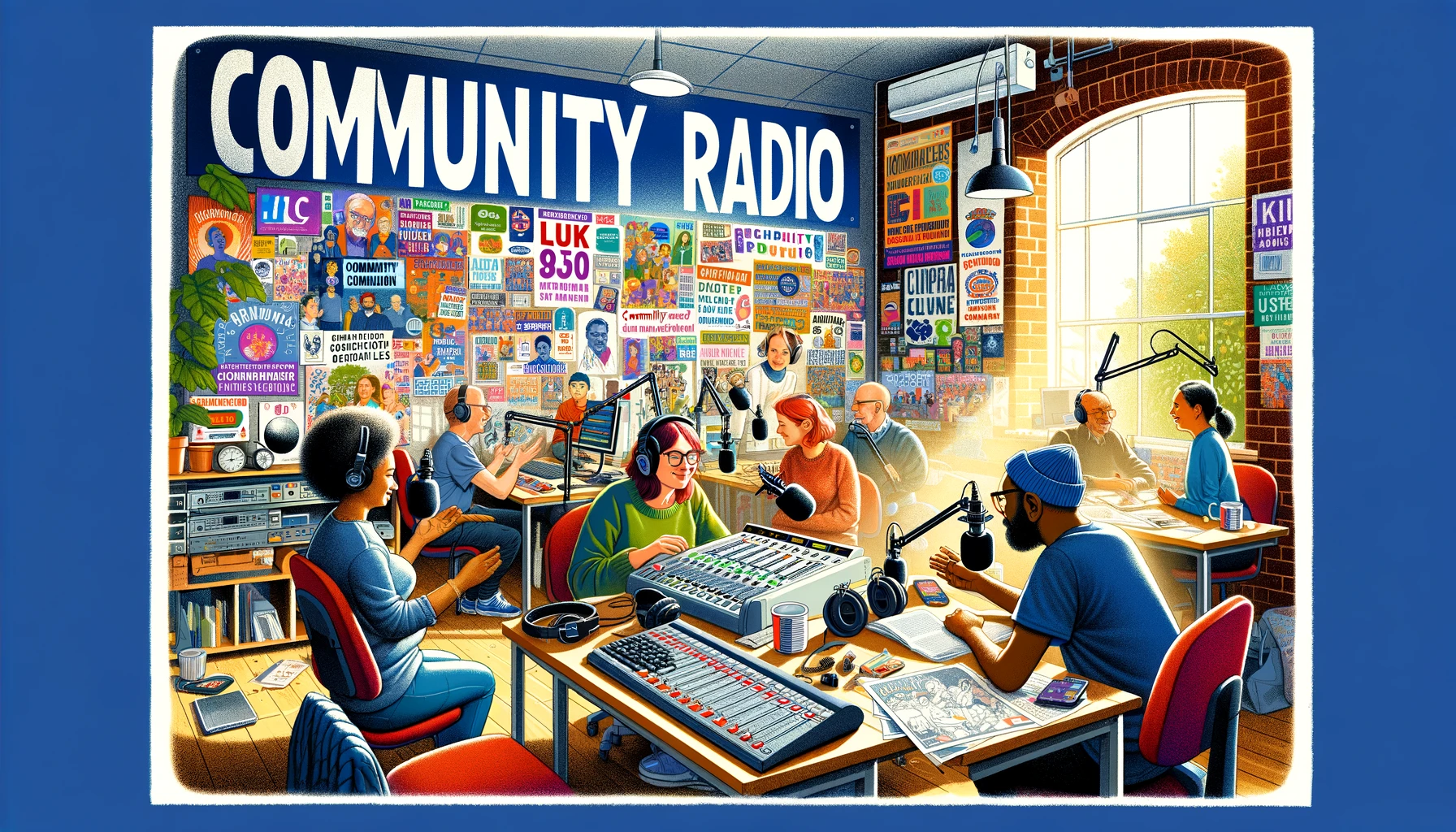 DALL·E 2024 04 11 21.11.24 Illustrate a bustling UK community radio station, with a diverse group of volunteers engaged in various activities one hosting a talk show focused on