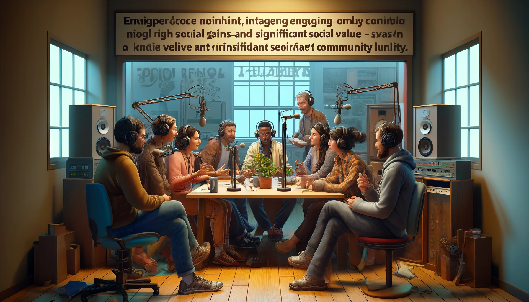 DALL·E 2024 04 12 19.53.18 Envision a close knit, engaging scene focusing on a community radio project in the UK, aiming for high social gain and significant social value across