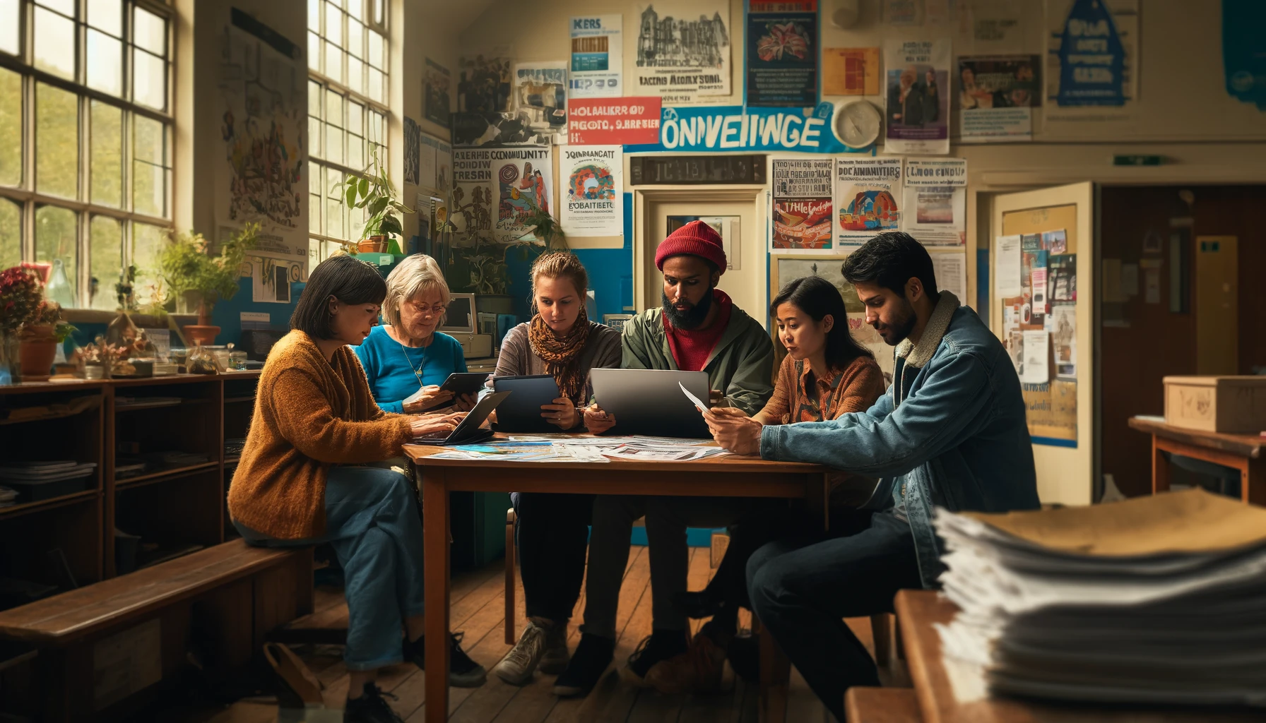 DALL·E 2024 04 30 08.30.21 A community focused scene in the UK showing a small group of diverse individuals (3 4 people), including different ethnicities and ages, sitting aroun