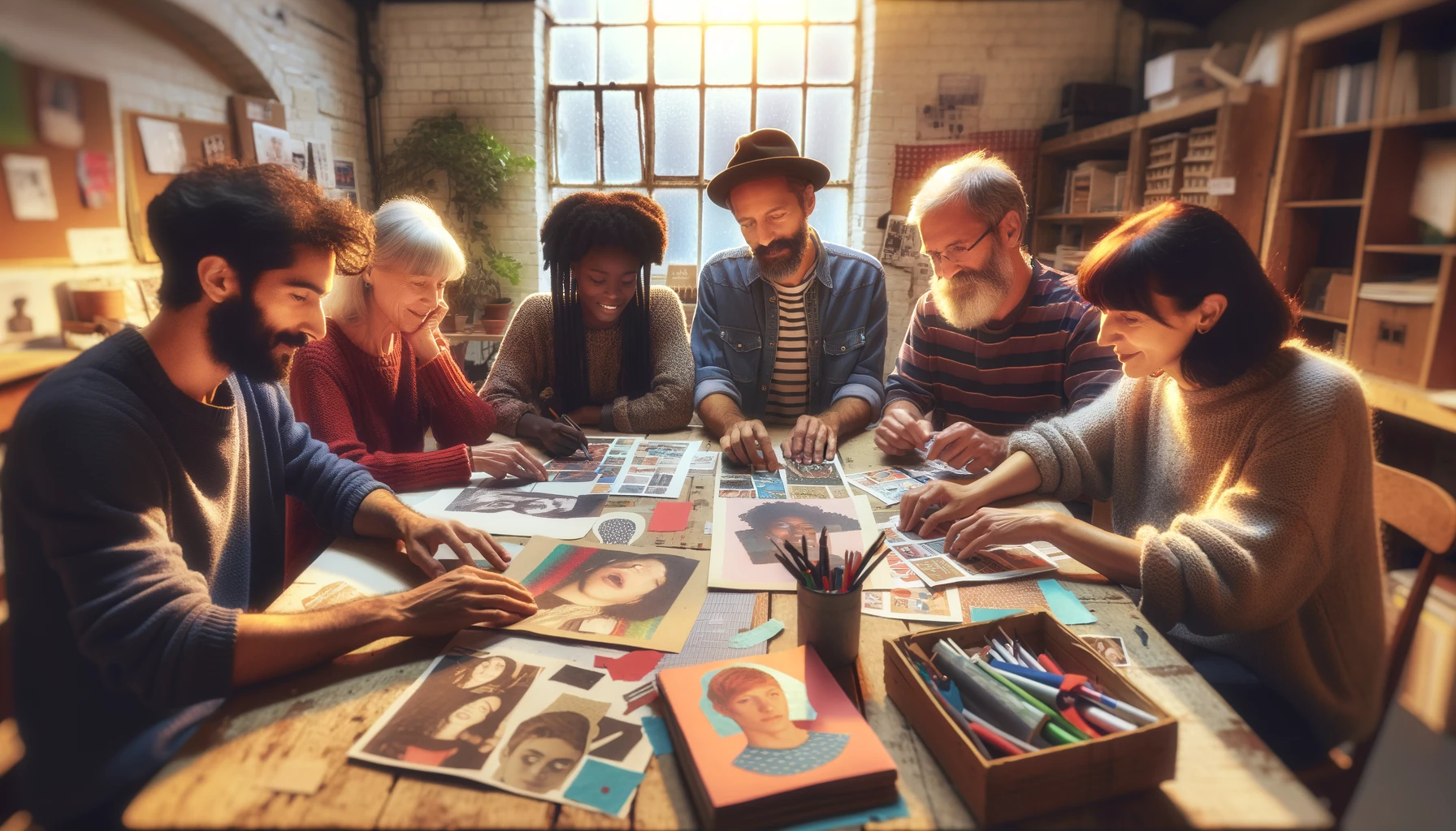 DALL·E 2024 05 01 10.57.02 A diverse group of five people of varying ages, sexes, and ethnicities, typical of England, sitting around a table in a DIY arts workshop, creating a
