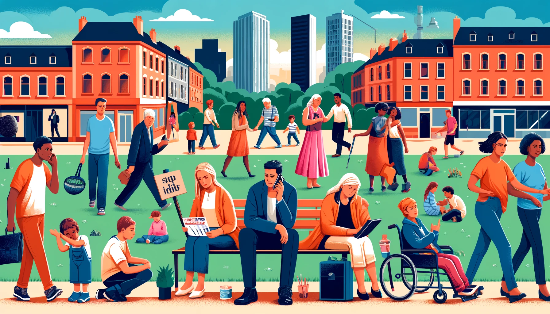 DALL·E 2024 05 24 09.35.30 A vector graphic illustration depicting a diverse social setting with both 'included' and 'marginalised' people of different classes, ages, ethnic ide