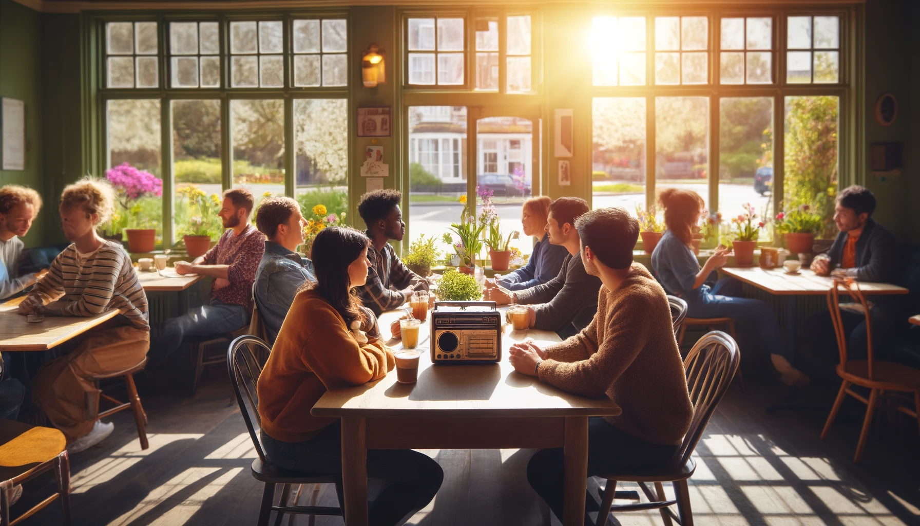 DALL·E 2024 05 29 10.49.08 A diverse group of people sitting at a single table in a cozy UK cafe, well lit with warm spring sunshine. The table has a small radio set in the cent
