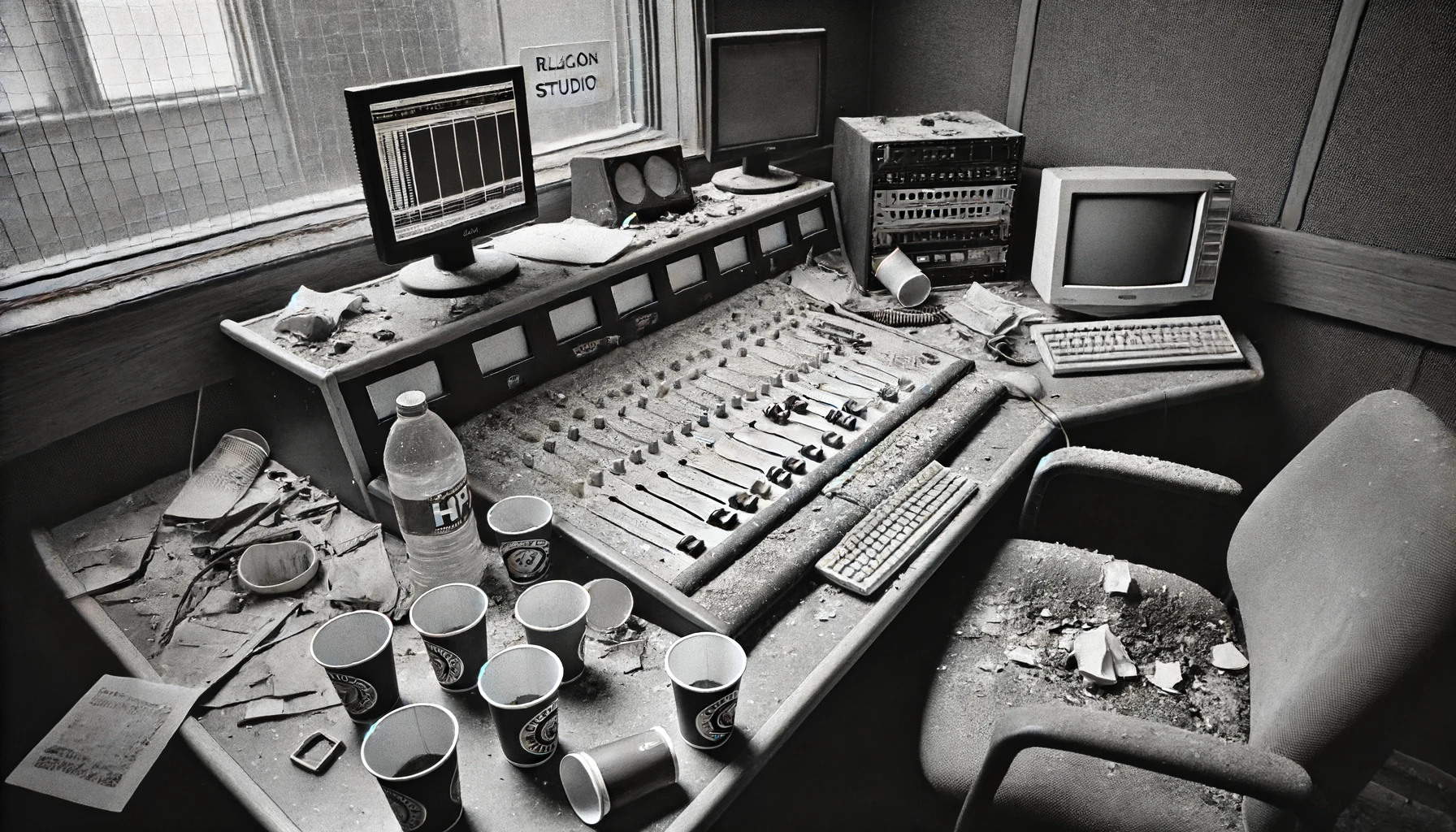 DALL·E 2024 06 13 09.11.52 A small, modern local radio studio that has been abandoned and is derelict, captured in a black and white documentary style with a 35mm film camera us