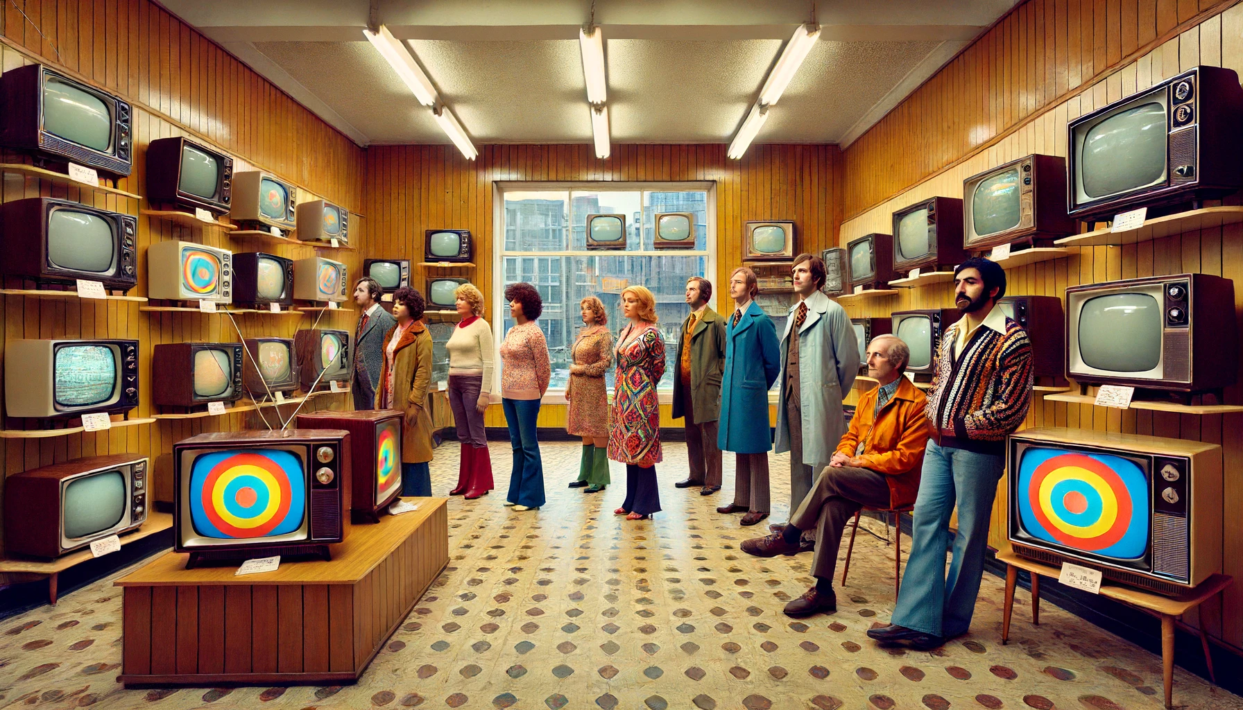 DALL·E 2024 06 17 21.59.32 A television sales room in a department store set in a British working class town in the 1970s. The room features retro decor with wood paneled walls