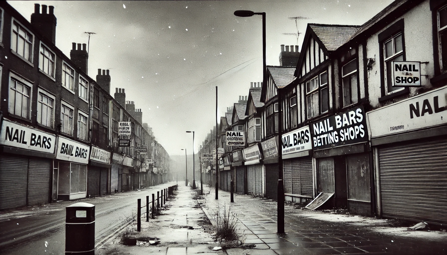 DALL·E 2024 06 27 22.00.28 A desolate UK high street depicted in a documentary style photograph. The scene is devoid of people, with crumbling and decaying shops that are empty